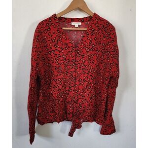 Womens Beach Lunch Lounge Red Cheetah Print Animal Print Top Medium Flowy Button